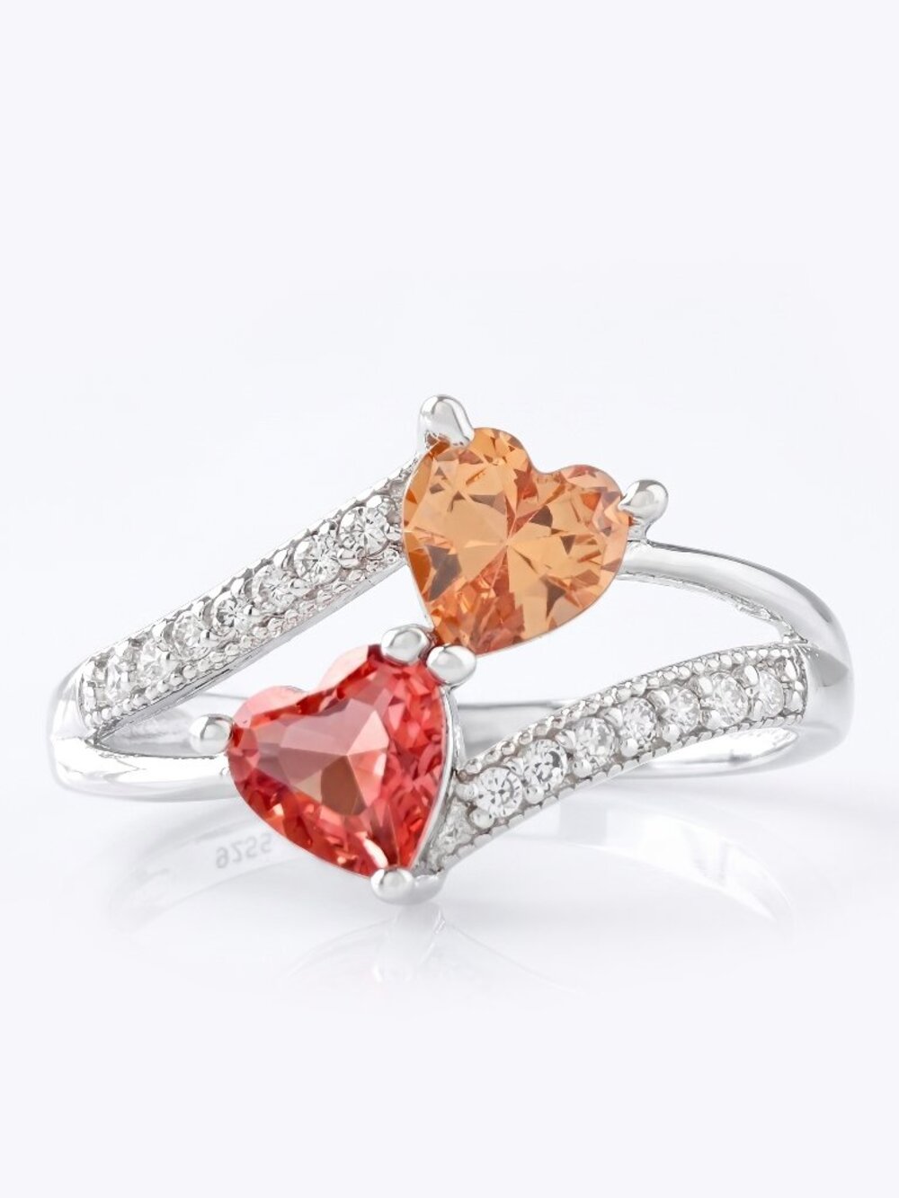 Peach and Coral Pink Double heart ring, 925 Sterling Silver Charmed Aroma
